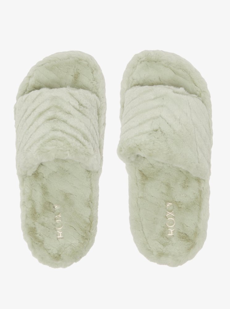 Sandales Roxy Slippy Faux Fur Claquette Vert Olive Femme | BAO-51537576