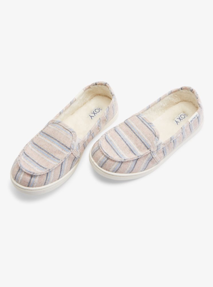 Slip On Roxy Minnow Faux Fur-Doublée Blanche Rose Bleu Femme | ELT-73641567