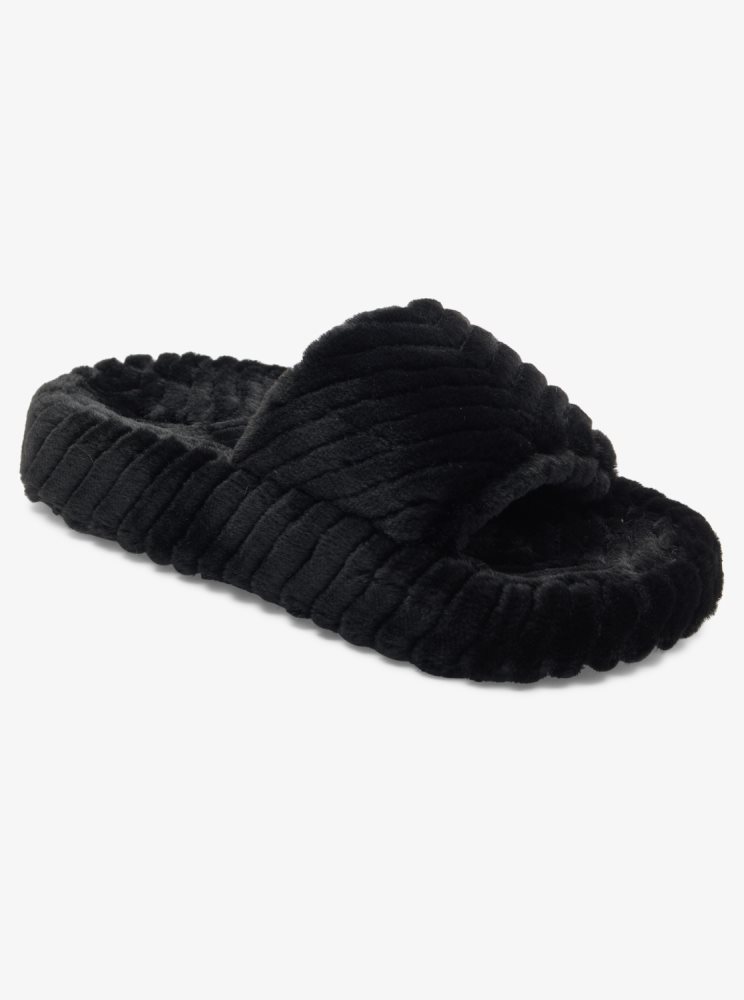 Sandales Roxy Slippy Faux Fur Claquette Noir Femme | PEI-85533896