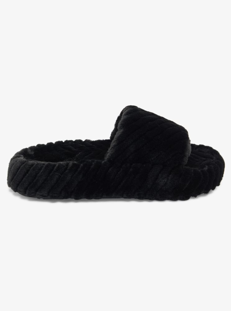 Sandales Roxy Slippy Faux Fur Claquette Noir Femme | PEI-85533896