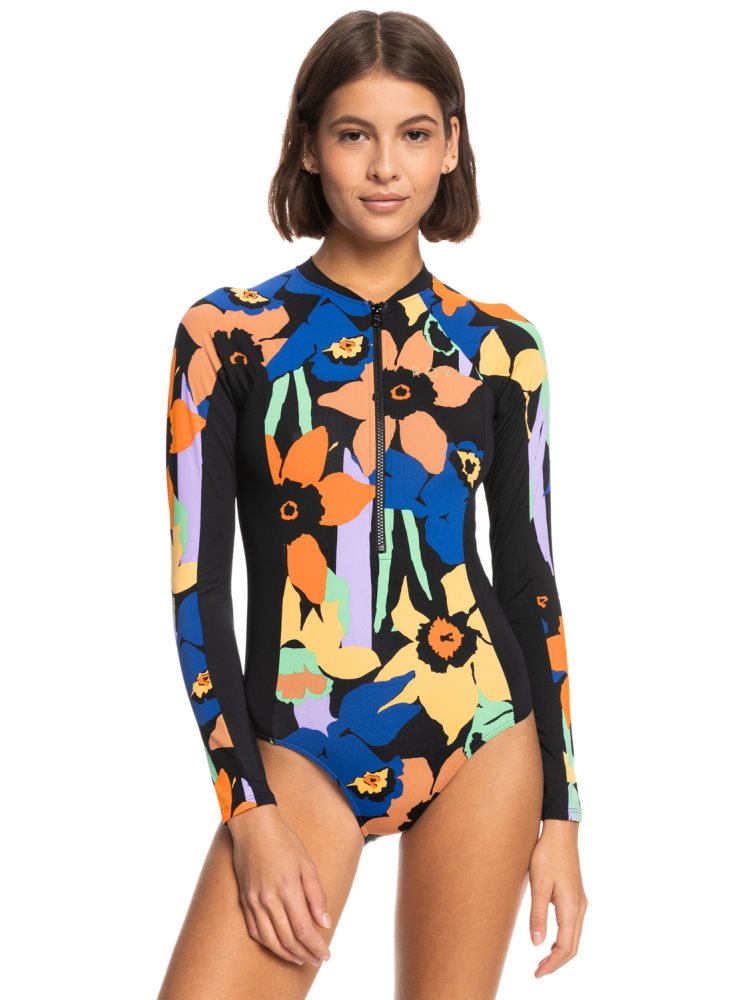 Maillots De Bain Roxy Onesie Long Sleeve Grise Foncé Fleur Femme | SGF-50573400