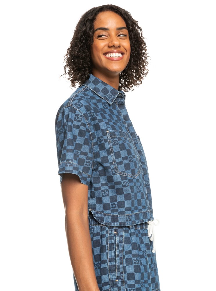 Chemises Roxy Blue Wave Club Printed Corta Sleeve Denim Indigo Femme | NDV-51160512