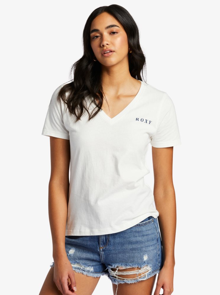 T Shirts Roxy Majestic Scene V-Neck Blanche Femme | CZB-42303544