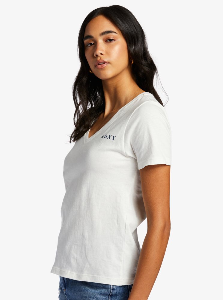 T Shirts Roxy Majestic Scene V-Neck Blanche Femme | CZB-42303544