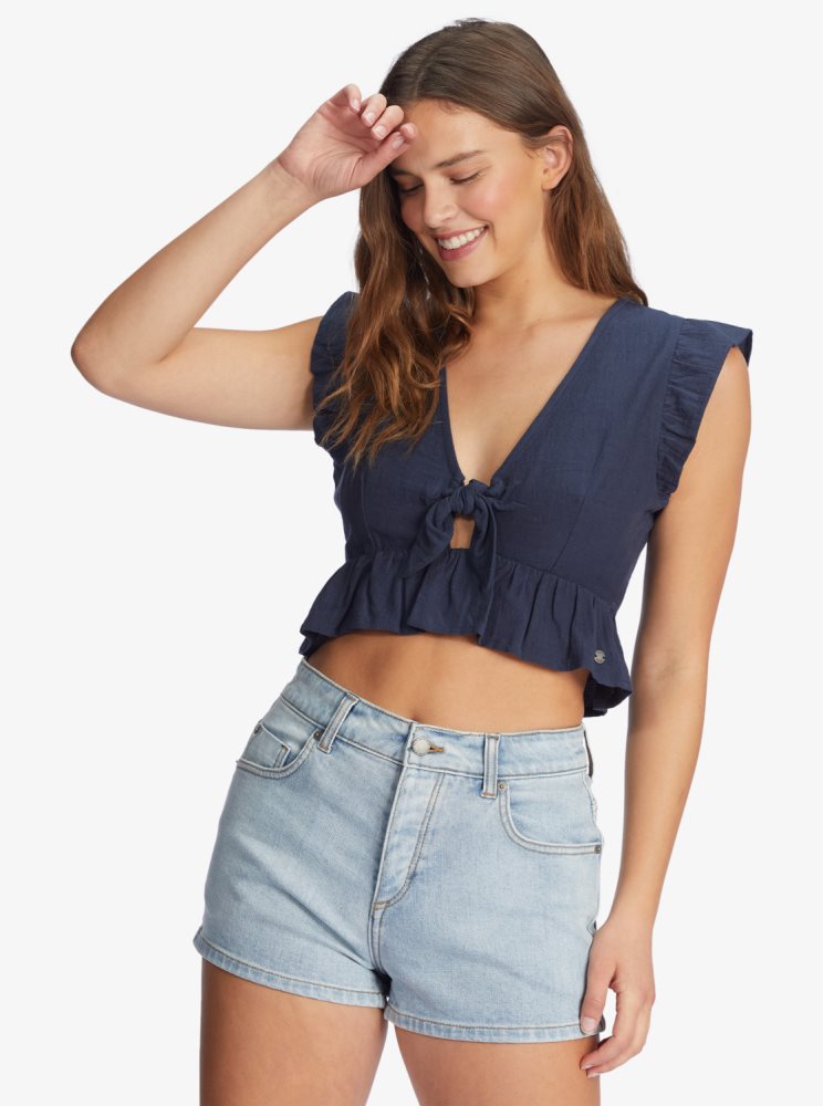 Hauts Roxy Sweetest Love Corta Sleeve Crop Indigo Femme | KLH-07081032