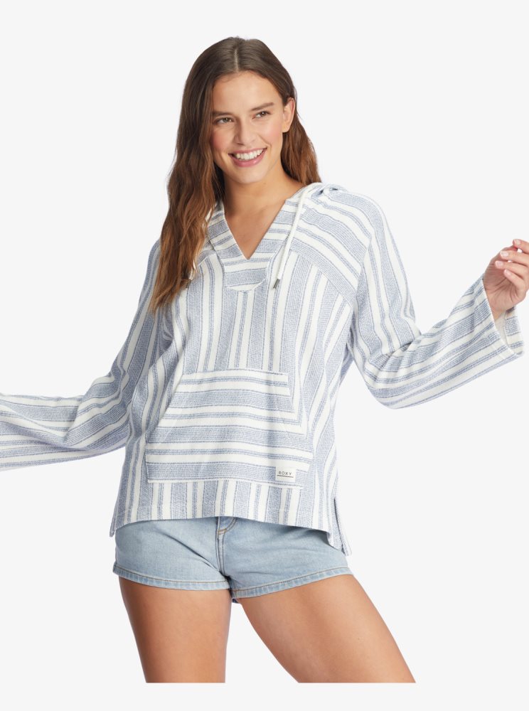 Sweat à Capuche Roxy Wild And Free Poncho Style Blanche Stripes Femme | ZET-88564999