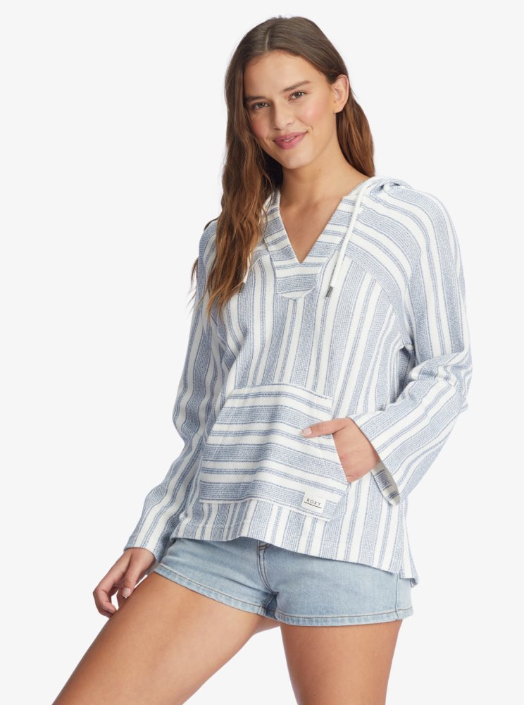 Sweat à Capuche Roxy Wild And Free Poncho Style Blanche Stripes Femme | ZET-88564999