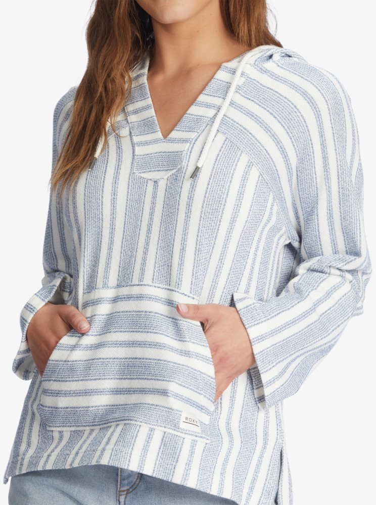 Sweat à Capuche Roxy Wild And Free Poncho Style Blanche Stripes Femme | ZET-88564999