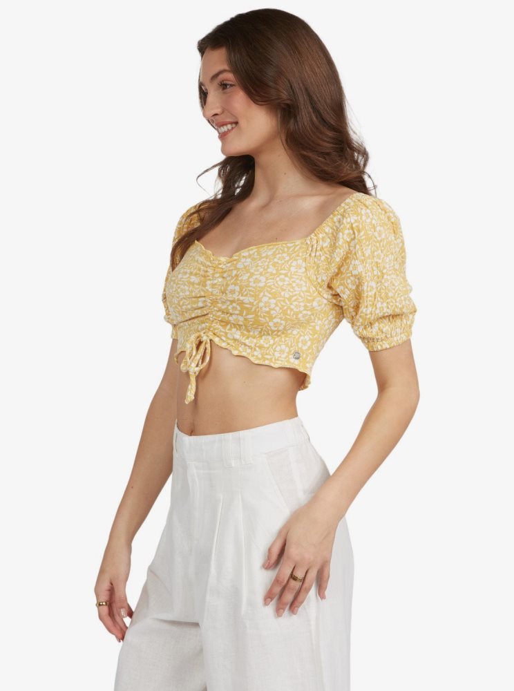 Hauts Roxy Flirty Walk Cropped Puff Sleeve Jaune Femme | IDQ-43323719