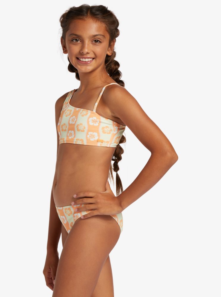 Bikini Roxy 4-16 Wavy Flower Two Piece Crop Top Set Blanche Kaki Enfant | RFF-55568641