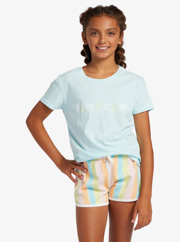 T Shirts Roxy 4-16 Hibiscus Stripe Bleu Enfant | DII-58916965