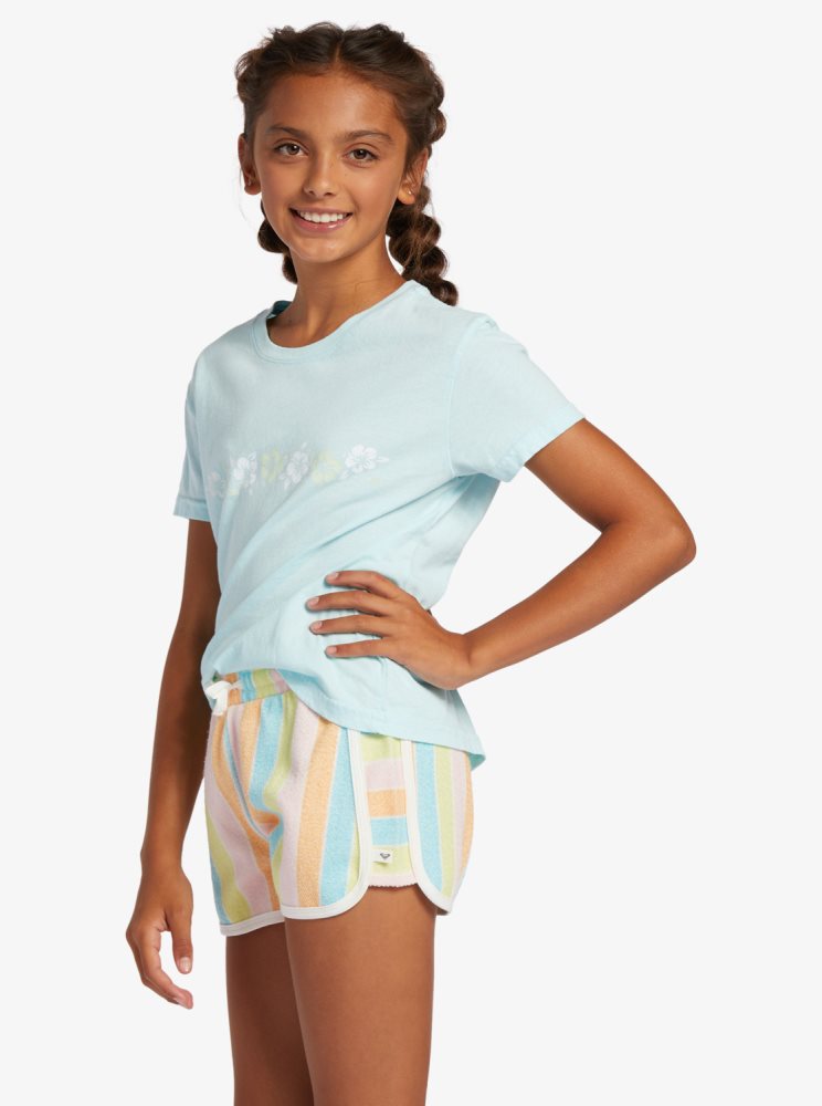 T Shirts Roxy 4-16 Hibiscus Stripe Bleu Enfant | DII-58916965