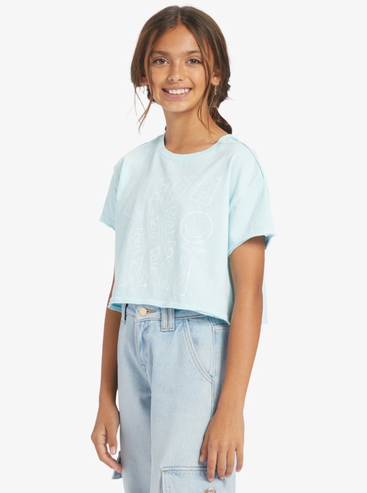 T Shirts Roxy 4-16 Sunny Smiles Oversized Cropped Bleu Enfant | LWE-92487324