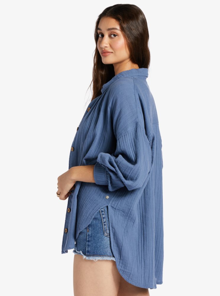 Chemises Roxy Mellow Morning Long Sleeve Bleu Femme | HWB-89809542