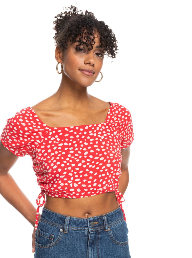 Hauts Roxy Dear Amor Printed Corta Sleeve Crop Blanche Rouge Femme | YVY-35139920