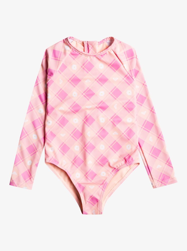 Maillots De Bain Roxy 2-7 Flower Plaid Onesie Long Sleeve Rose Enfant | DIZ-26159506