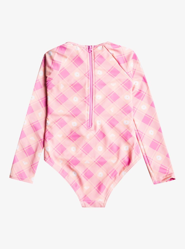 Maillots De Bain Roxy 2-7 Flower Plaid Onesie Long Sleeve Rose Enfant | DIZ-26159506