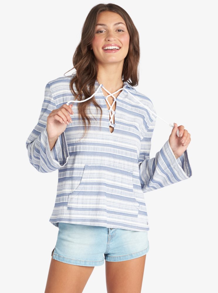 Sweat à Capuche Roxy Paradise Calling Woven Poncho Bleu Stripes Femme | QPH-06750103