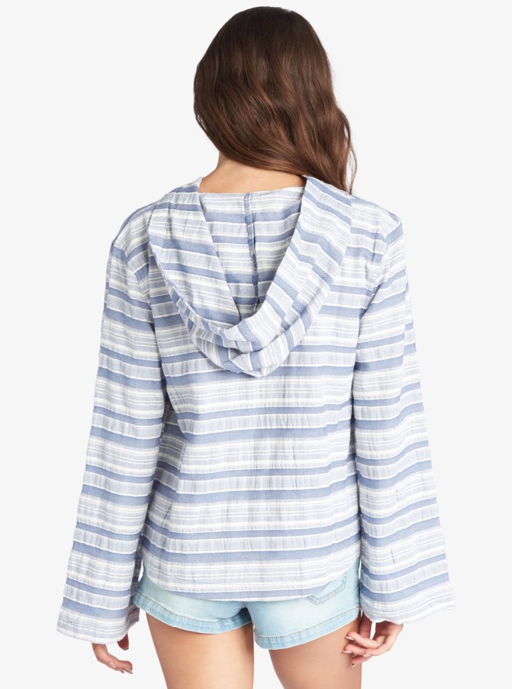 Sweat à Capuche Roxy Paradise Calling Woven Poncho Bleu Stripes Femme | QPH-06750103