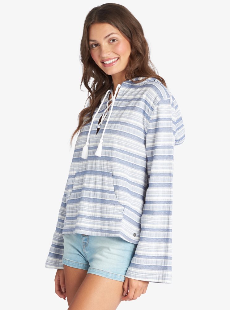 Sweat à Capuche Roxy Paradise Calling Woven Poncho Bleu Stripes Femme | QPH-06750103