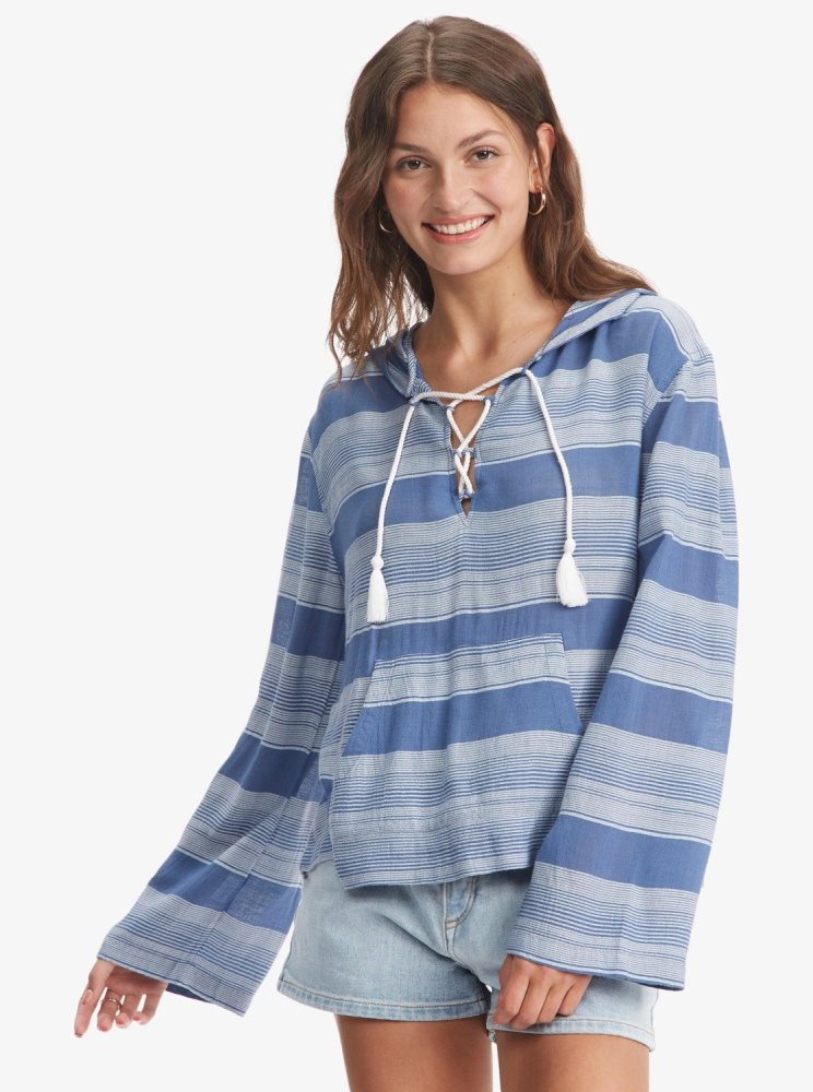 Sweat à Capuche Roxy Head On Over Poncho Bleu Stripes Femme | JZG-13786258