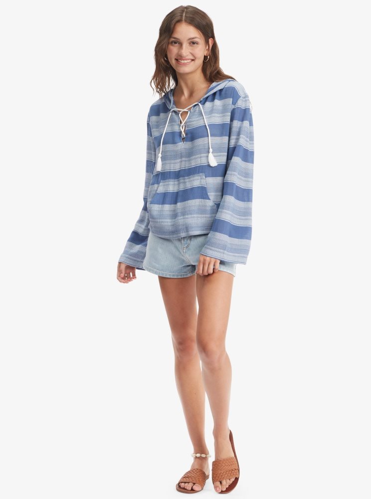 Sweat à Capuche Roxy Head On Over Poncho Bleu Stripes Femme | JZG-13786258