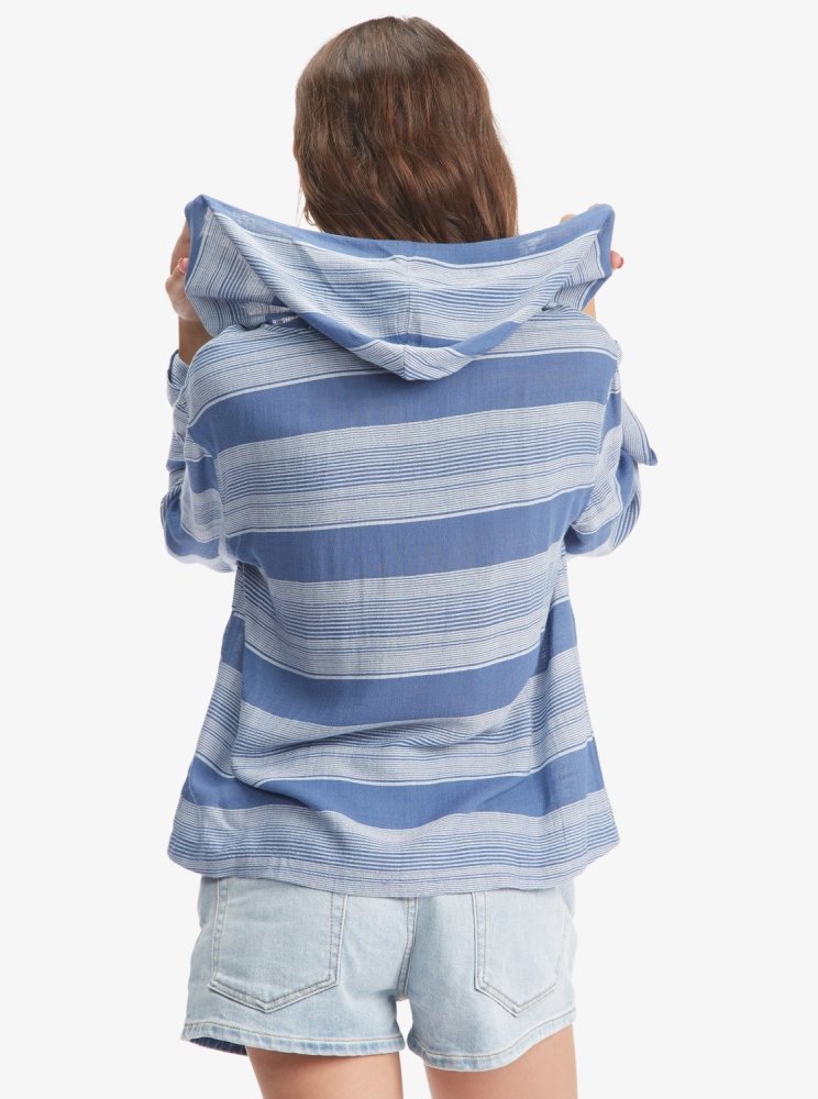 Sweat à Capuche Roxy Head On Over Poncho Bleu Stripes Femme | JZG-13786258