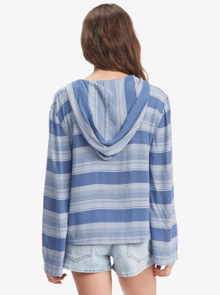 Sweat à Capuche Roxy Head On Over Poncho Bleu Stripes Femme | JZG-13786258