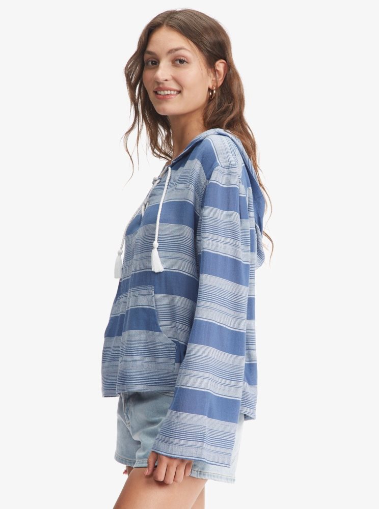 Sweat à Capuche Roxy Head On Over Poncho Bleu Stripes Femme | JZG-13786258