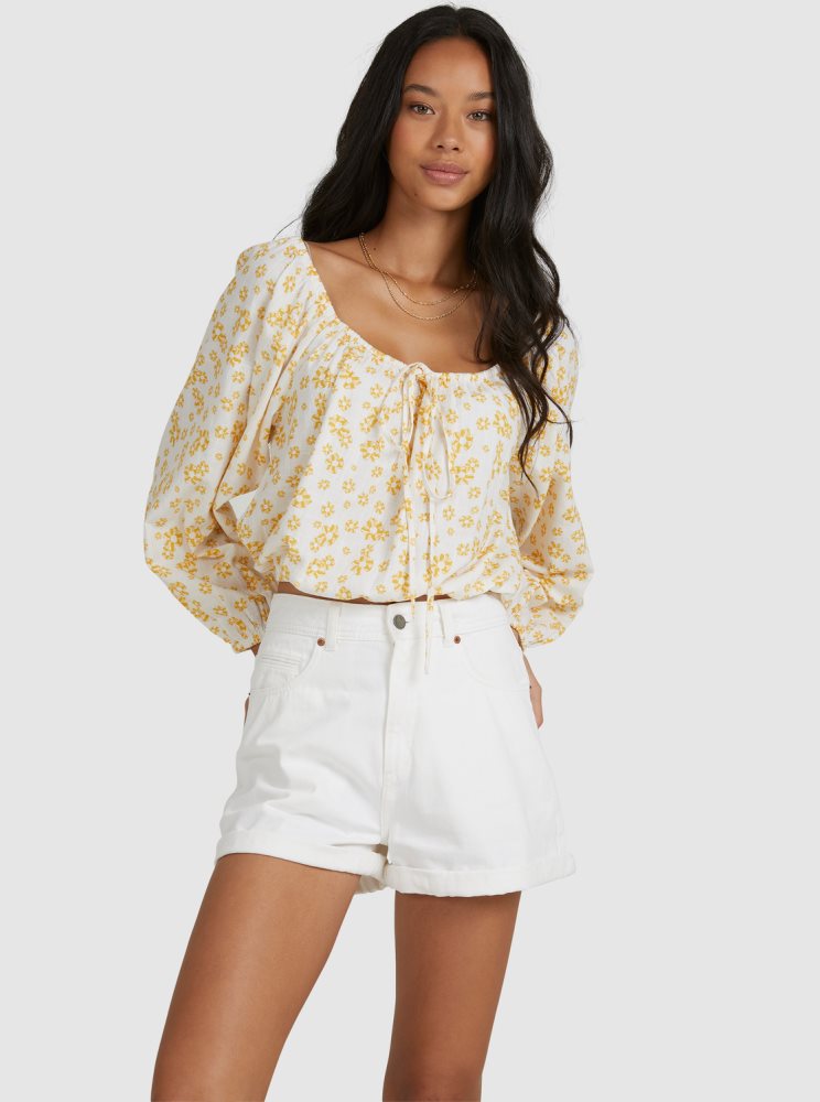 Hauts Roxy Soho Sessions Long Sleeve Off The Shoulder Blanche Fleur Femme | JQG-20192579