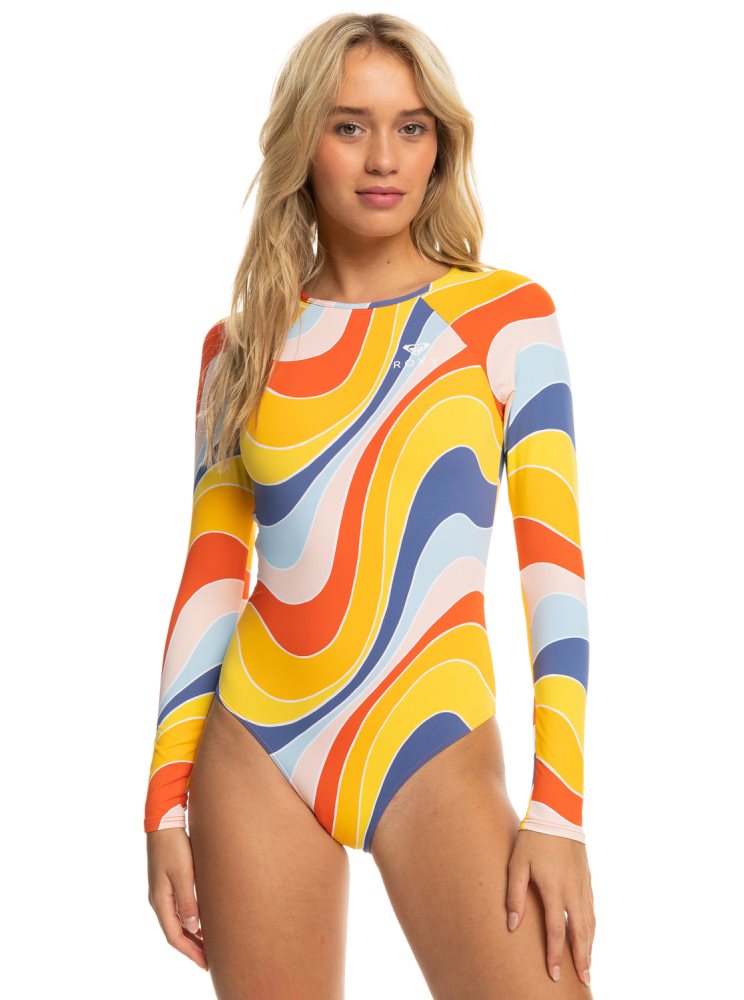 Maillots De Bain Roxy Palm Cruz Long Sleeve Jaune Bleu Femme | JNO-33096257