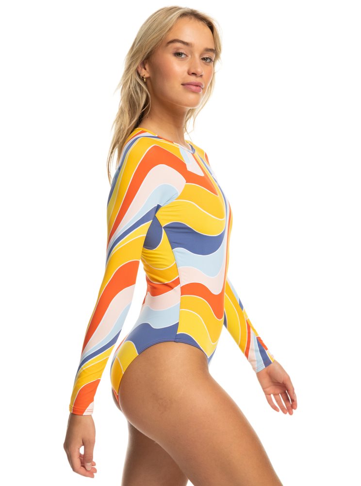 Maillots De Bain Roxy Palm Cruz Long Sleeve Jaune Bleu Femme | JNO-33096257